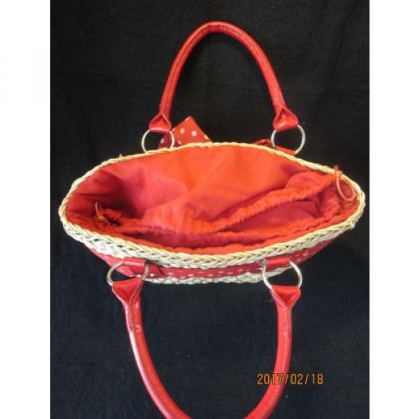 Womens Red Polka Dot &amp; Vinyl Fabric Lined Straw Carry Bag Unique #4 image