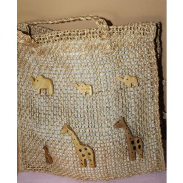 Woven Straw Tote Lined Wooden Elephants Giraffes Braided Straps Beach Bag A2 #1 image
