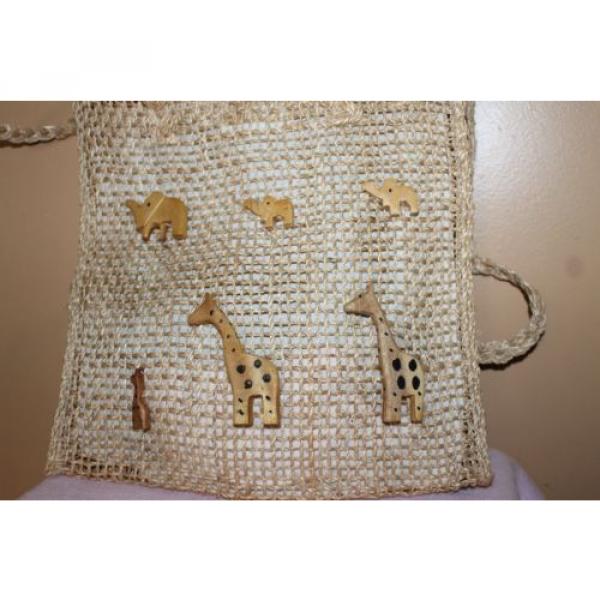 Woven Straw Tote Lined Wooden Elephants Giraffes Braided Straps Beach Bag A2 #3 image