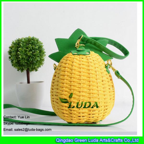 LDTT-002 bright yelow pineapple shape rattan beach bag hand-woven cross-body straw purse #2 image