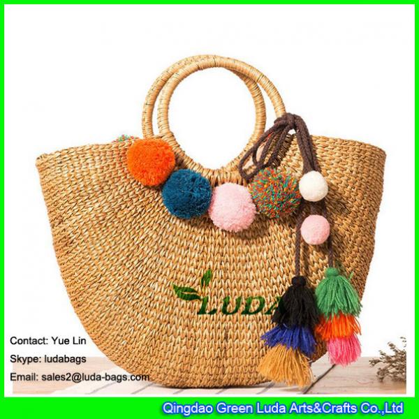 LDHC-006 natural shopper bag summer beach lady straw bags with pom poms #1 image