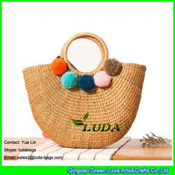 LDHC-006 natural shopper bag summer beach lady straw bags with pom poms #2 image