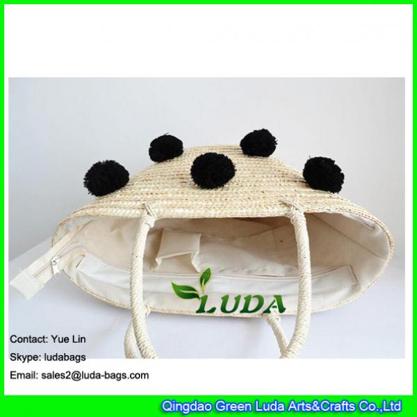 LDMC-059 black pom pom straw beach bag for women summer beach straw tote bag #2 image