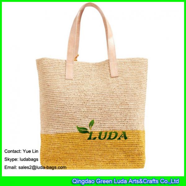 LDLF-013 natural color and light yellow striped raffia tote pom poms straw raffia bag for women travel on beach #1 image