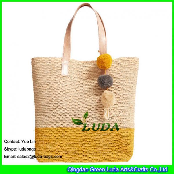 LDLF-013 natural color and light yellow striped raffia tote pom poms straw raffia bag for women travel on beach #2 image