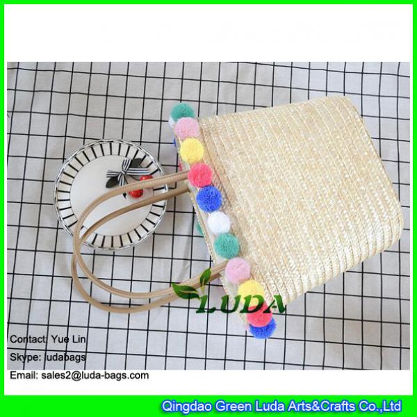 LDMC-062 wheat straw plaited beach bag 2017 summer lady pom poms straw bag #2 image