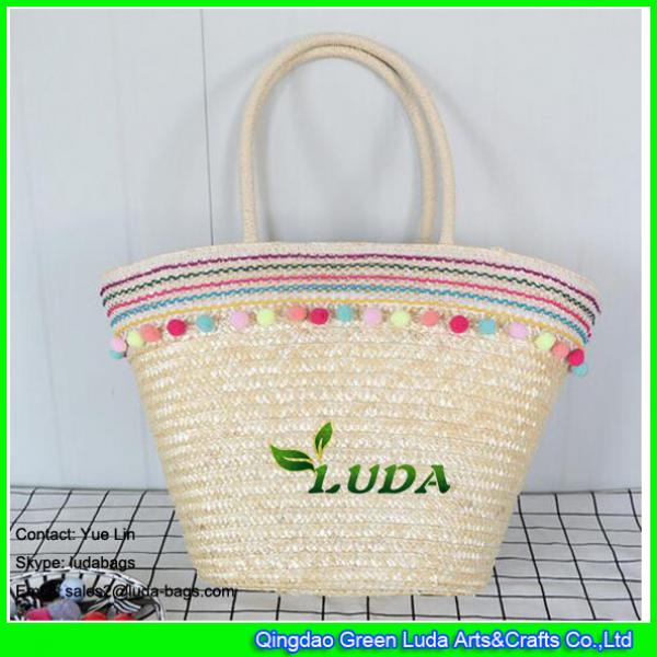 LDMX-060 girl woven straw casual beach tote shoulder handbag with lace and pom poms #1 image