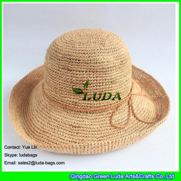LDMZ-002 natural color raffia knitted hat hemming raffia beach hat with straw brim #1 image