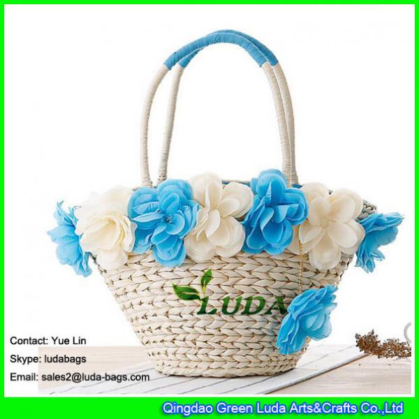 LDYP-093 lake blue subshrubby peony flower beach bag cornhusk straw tote bag #1 image