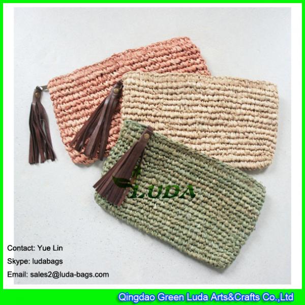LDZS-161 natural color clutch handbag leather macrame crochet straw handbag #1 image