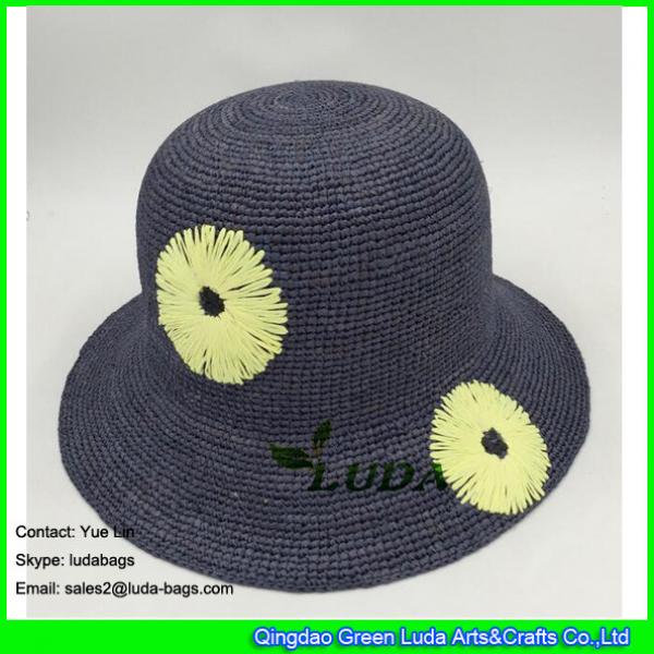 LDMZ-011 embroidery flower raffia hat navy blue raffia straw crochet sun hat #2 image