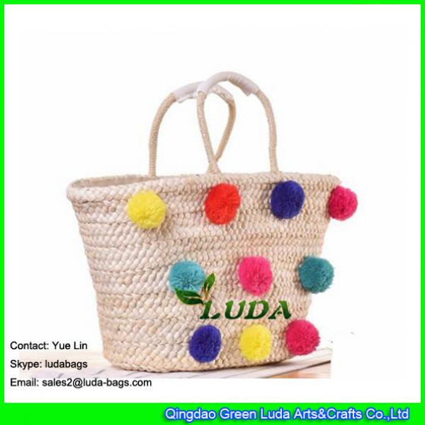 LDYP-032 colorful pom poms summer straw bag large size beach straw tote bag #2 image