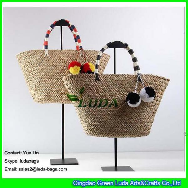 LDSC-017 2017 new design handbag cotton pom poms beach tote seagrass straw bags #1 image