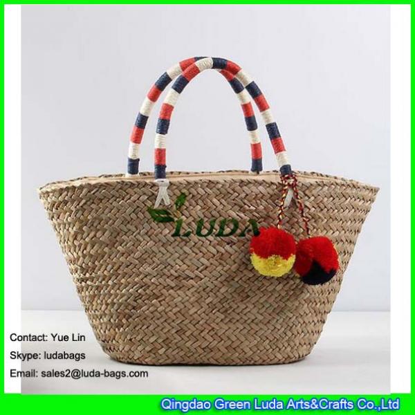 LDSC-017 2017 new design handbag cotton pom poms beach tote seagrass straw bags #2 image