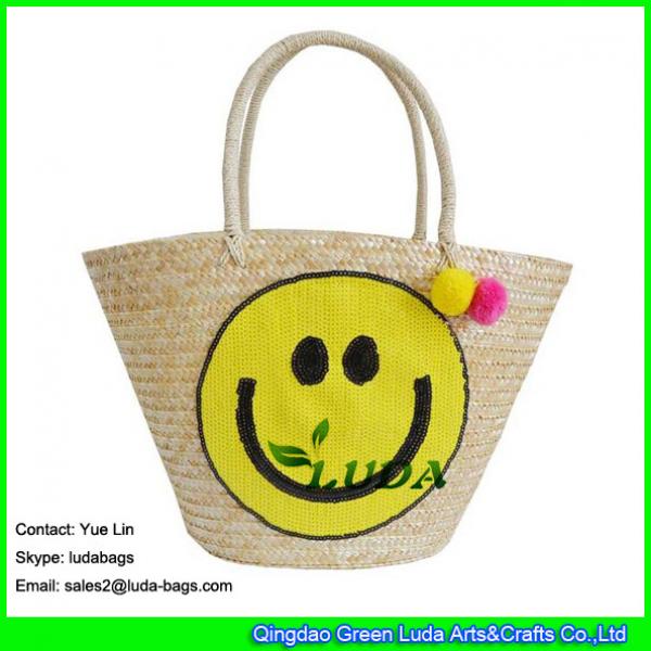 LDMC-063 large  summer beach tassel tote bag sequins smile face straw bag #1 image