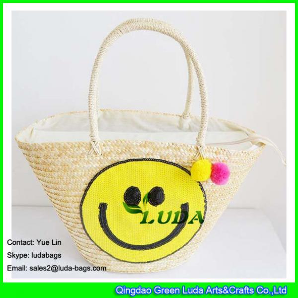 LDMC-063 large  summer beach tassel tote bag sequins smile face straw bag #2 image