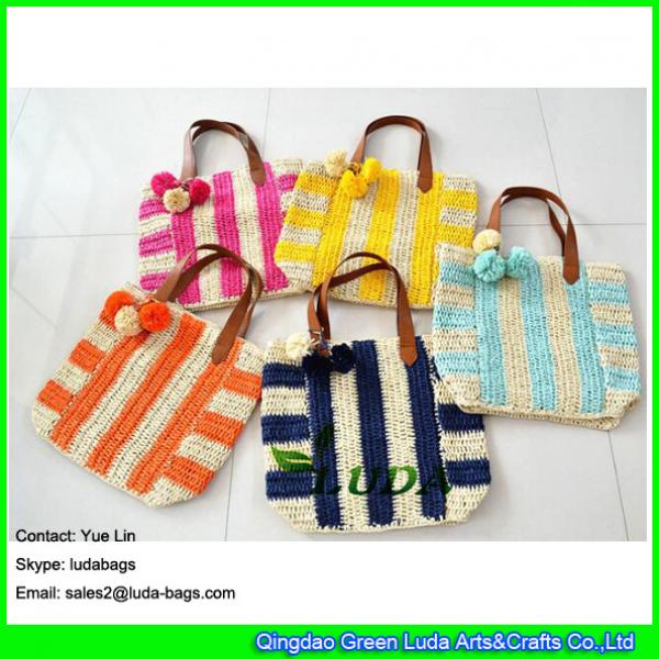 LDZS-026 fashionable striped beach straw bags with pom poms #1 image