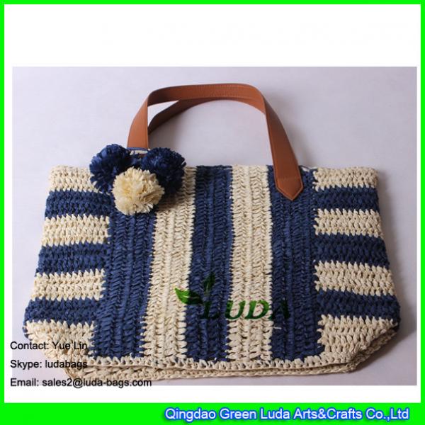 LDZS-026 fashionable striped beach straw bags with pom poms #2 image