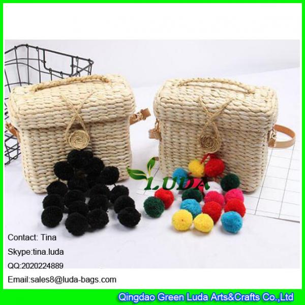 LDYP-066 2017 hot sale square storage basket mini messeanger handbag straw beach bag with pom poms #2 image