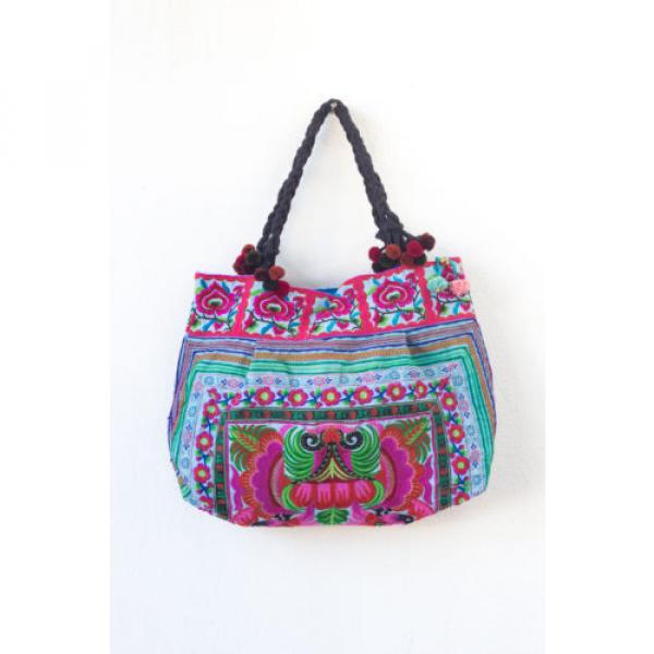 Blue Orchids Beach Tote Bag with Thai Hmong Embroidered Fabric Large Size #1 image