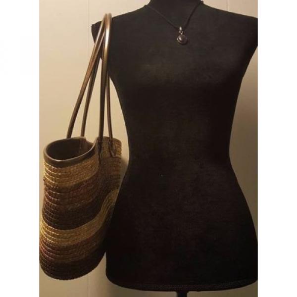 Straw Stripe Beach Shoulder Tote Purse Bag ~ Brown &amp; Natural ~ Bronze Handles #2 image