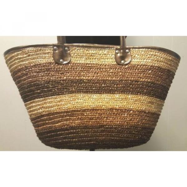 Straw Stripe Beach Shoulder Tote Purse Bag ~ Brown &amp; Natural ~ Bronze Handles #3 image