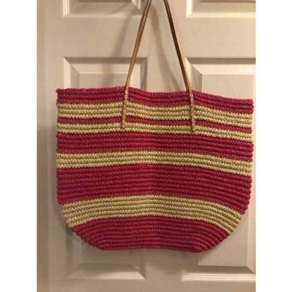 New Merona Target Leather Straw Beach Tote Bag Purse Rose Bright Pink Natural #1 image
