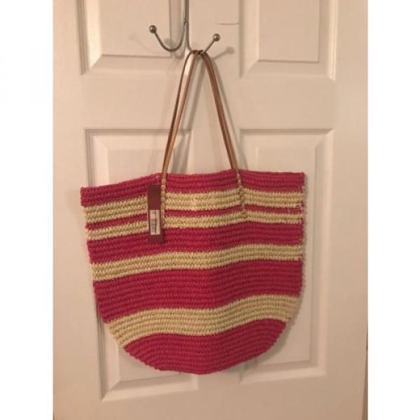 New Merona Target Leather Straw Beach Tote Bag Purse Rose Bright Pink Natural #2 image