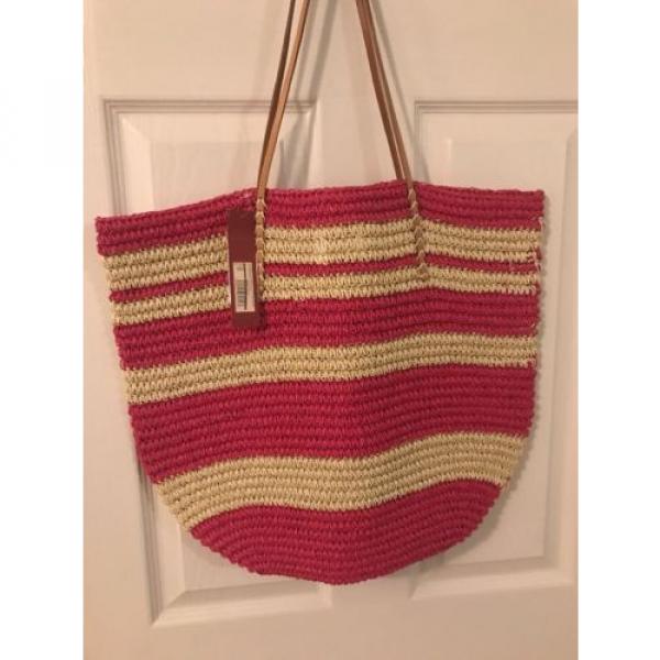 New Merona Target Leather Straw Beach Tote Bag Purse Rose Bright Pink Natural #4 image