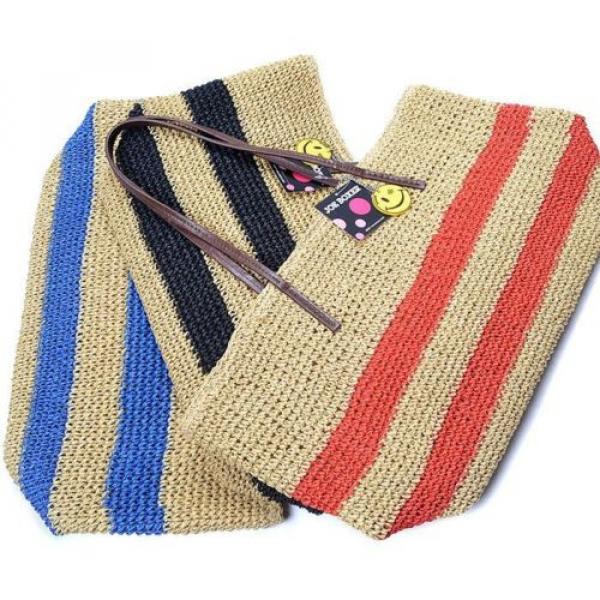 New Women Black Strips Straw Woven Beach Tote Shoulder Bag Handbag #4 image