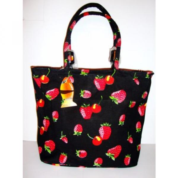 Beautiful GOLDEN SANDS Strawberry Cherry Canvas Beach Tote Shopping Bag Black #2 image