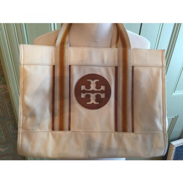 TORY BURCH Cream Canvas &amp; Beige Leather Beach Tote Bag Shoulder Bag #1 image