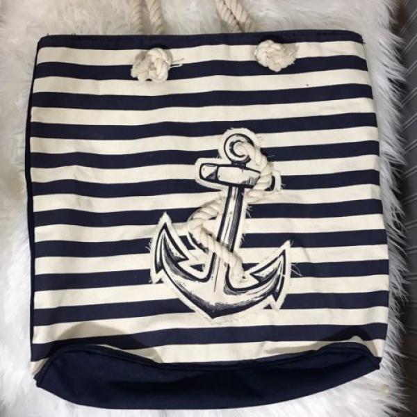 Nautical Anchor Blue and White Striped Canvas Tote Travel Beach Shopping Bag #2 image