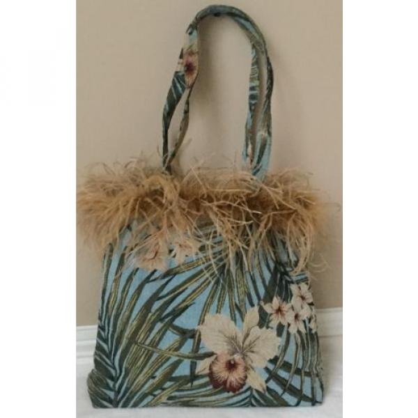 Womens NWOT Floral Tapestry Feather Trim Beach Travel Handbag Bag Purse Tote #1 image