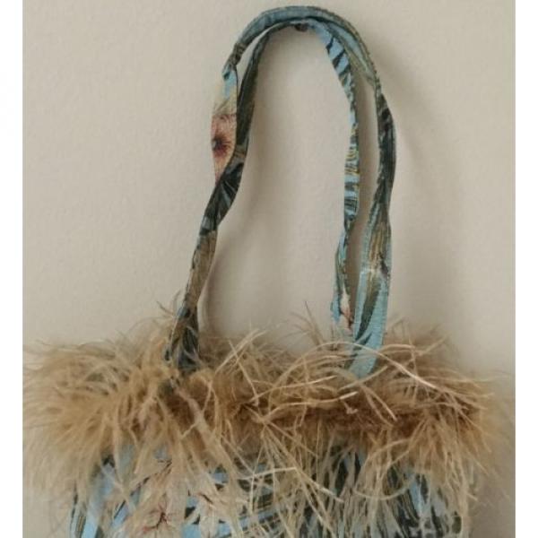 Womens NWOT Floral Tapestry Feather Trim Beach Travel Handbag Bag Purse Tote #2 image