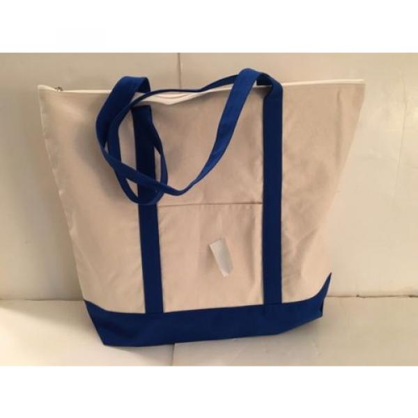 LARGE zippered CANVAS beach cotton natural tote bag pocket DARK BLUE trim NEW #1 image