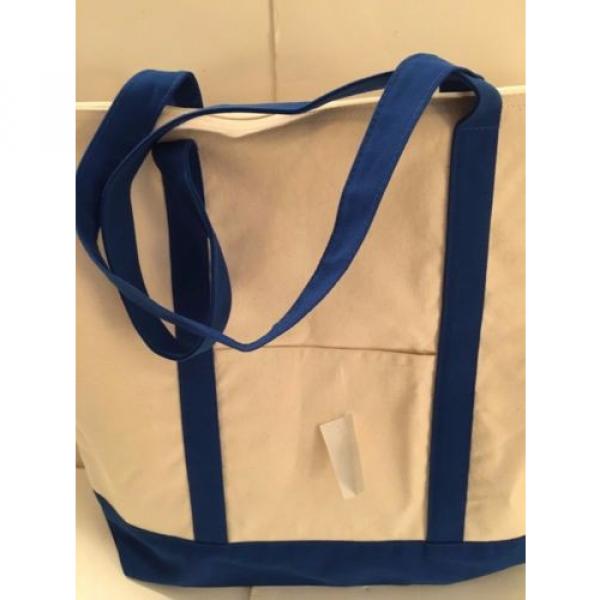 LARGE zippered CANVAS beach cotton natural tote bag pocket DARK BLUE trim NEW #2 image