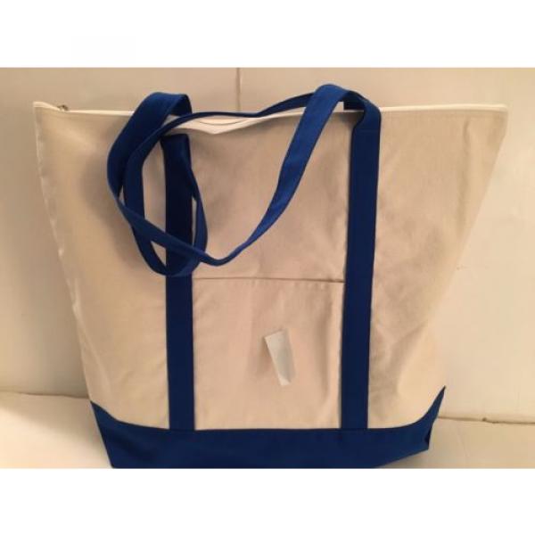 LARGE zippered CANVAS beach cotton natural tote bag pocket DARK BLUE trim NEW #3 image