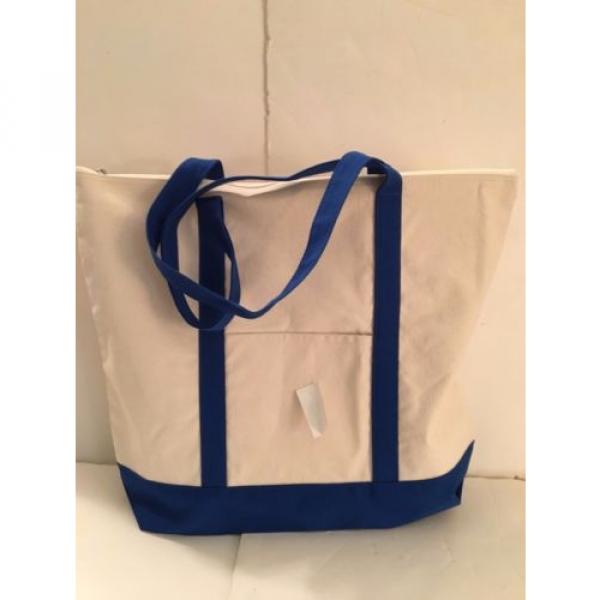 LARGE zippered CANVAS beach cotton natural tote bag pocket DARK BLUE trim NEW #4 image