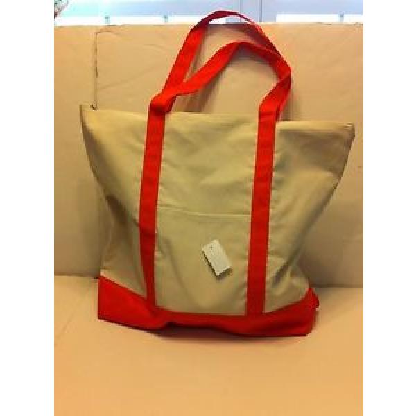 LARGE zippered CANVAS beach cotton natural tote bag pocket ORANGE trim NEW #1 image