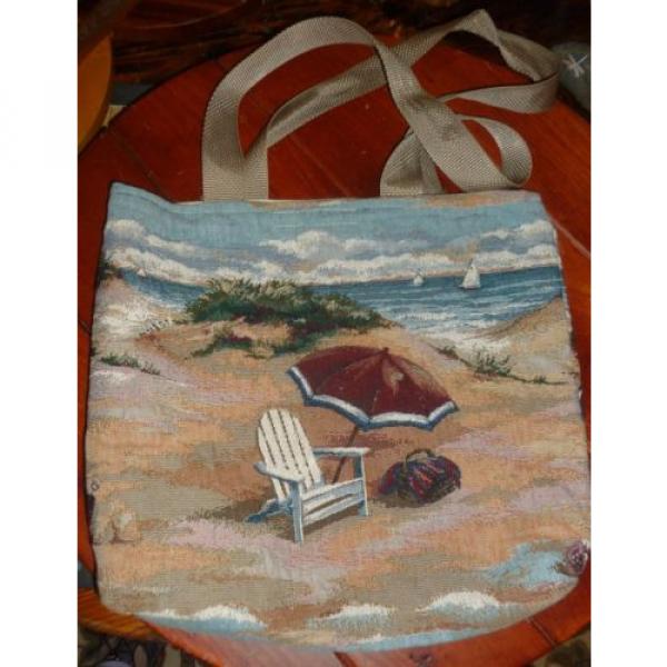 Hand Made Tapestry Fabric BEACH 2 SCENES TOTE BAG 14&#034;X 16&#034;, Inside Pocket Exc #1 image