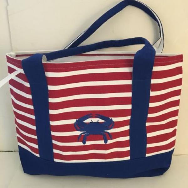 RED WHITE CANVAS CRAB STRIPED beach cotton natural tote bag EMBROIDERED NAVY NEW #1 image
