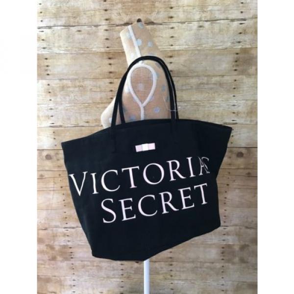 Victorias Secret Black &amp; Pink Bow Tote Bag Shopping Beach Weekend Large Bag #2 image