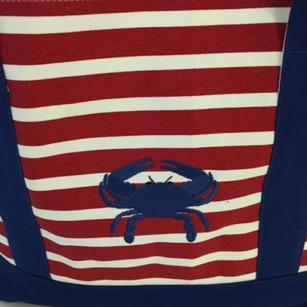 RED WHITE CANVAS CRAB STRIPED beach cotton natural tote bag EMBROIDERED NAVY NEW #2 image