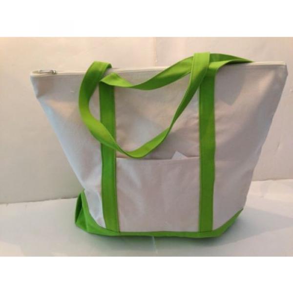 LARGE zippered CANVAS beach cotton natural tote bag pocket LIME GREEN trim NEW #1 image