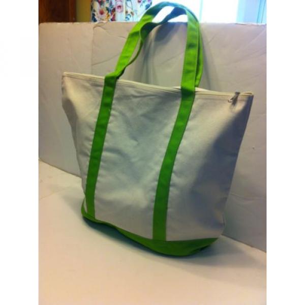 LARGE zippered CANVAS beach cotton natural tote bag pocket LIME GREEN trim NEW #2 image