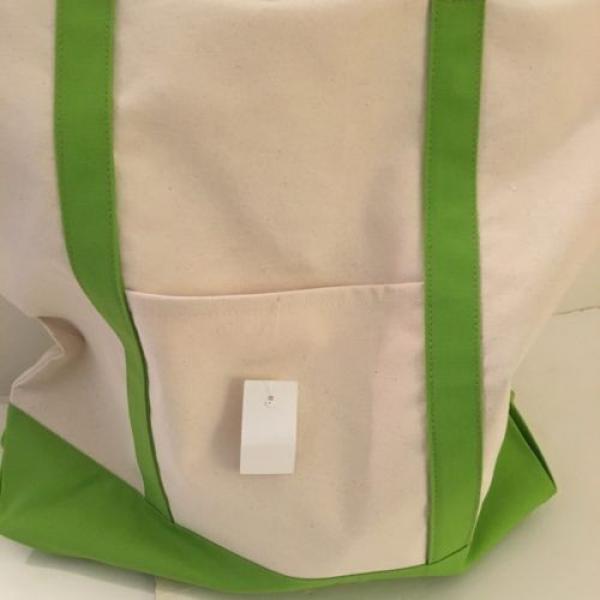 LARGE zippered CANVAS beach cotton natural tote bag pocket LIME GREEN trim NEW #4 image