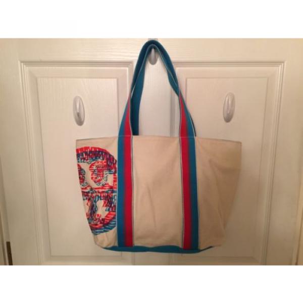 NEW TORY BURCH Logo Small Beach Red Ivory Light Blue 3D Tote Bag #1 image