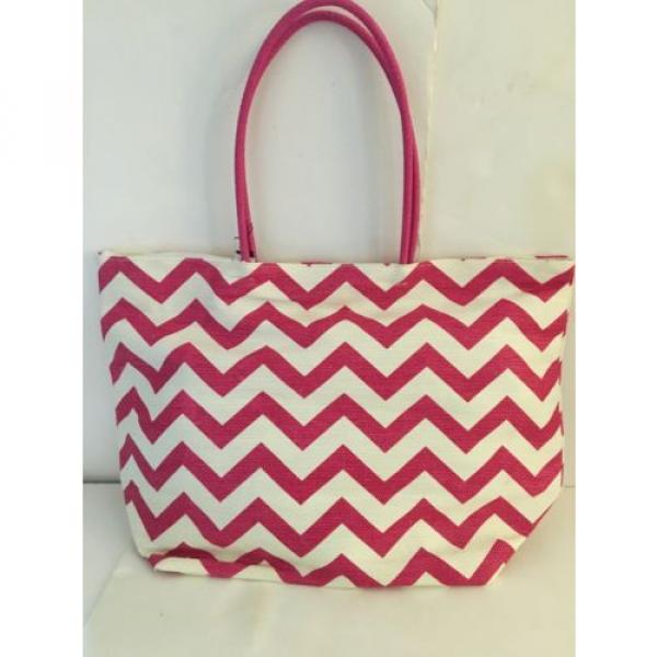 LARGE BEACH STRAW tote bag lined PINK WHITE chevron stripe pocket  NEW TAGS #1 image