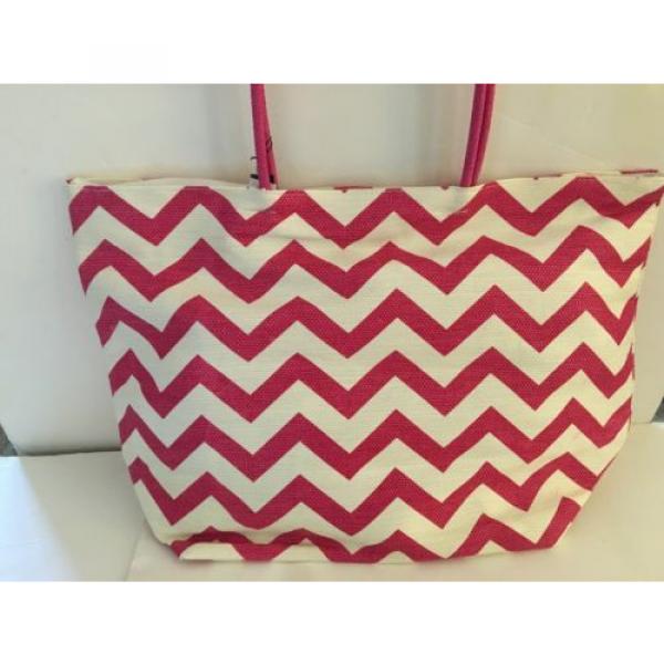 LARGE BEACH STRAW tote bag lined PINK WHITE chevron stripe pocket  NEW TAGS #2 image